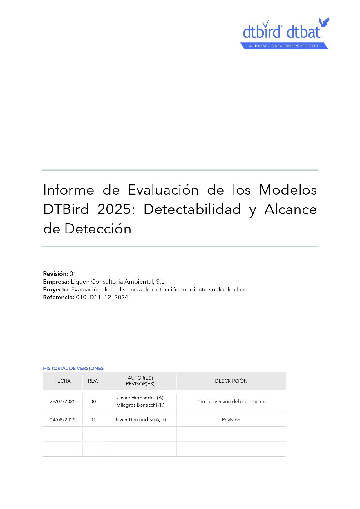Informe de evaluación de los modelos DTBird: Detectabilidad y alcance de detección 