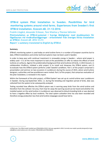 Experiences from Sweden's First DTBird Installation. Ecocom AB. December 2016.