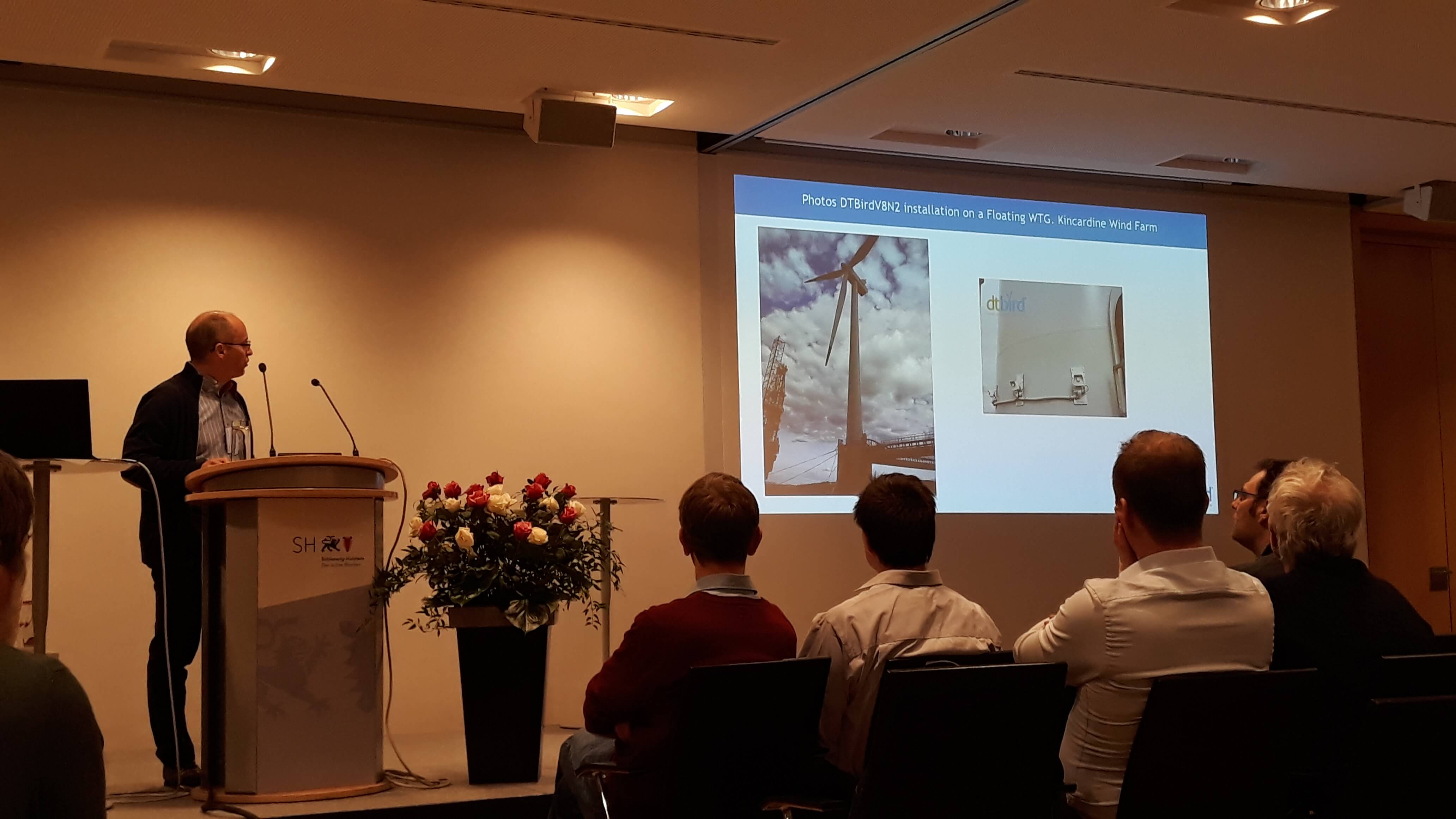 Agustín Riopérez explaining the DTBird system installation on a floating WTG