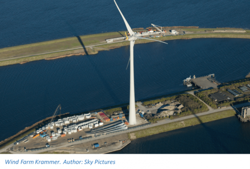 Aerial view of Windpark Krammer in the Netherlands with DTBird and DTBat systems operating on concrete wind-turbine towers