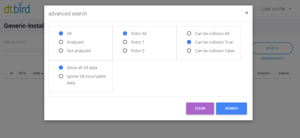 DTBird® Data Analysis Platform with Collision Control selection